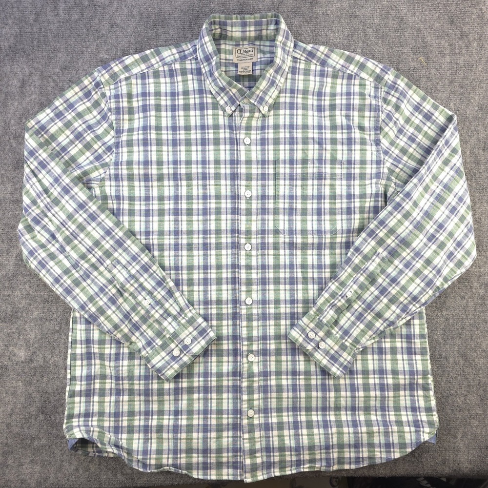LL Bean Shirt Large‎ Long Sleeve Button Down Blue Green Plaid Stretch Cotton